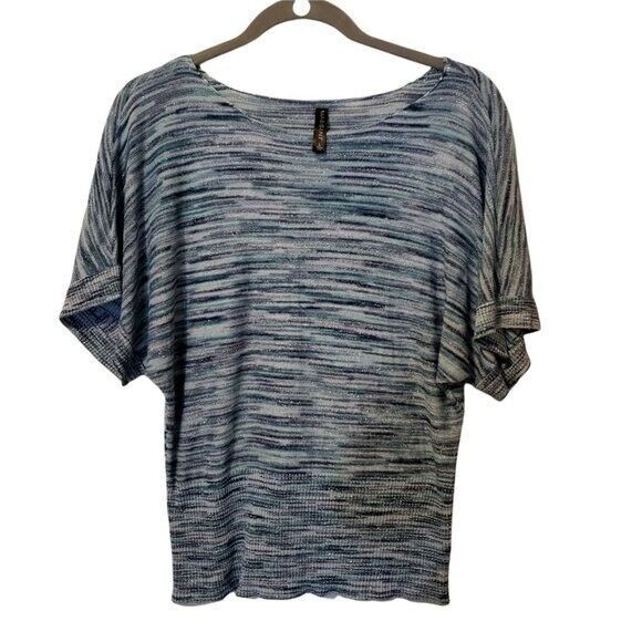 Massini Womens Sz L Blue Striped Short Sleeve Blouse - Picture 1 of 8